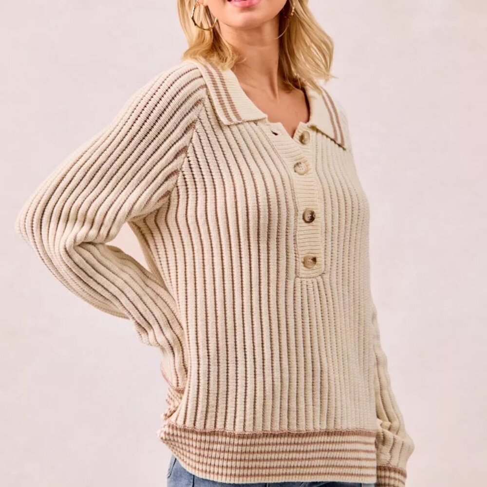 BiBi‎ Half Button Ribbed Two Tone Sweater - Picture 11 of 16